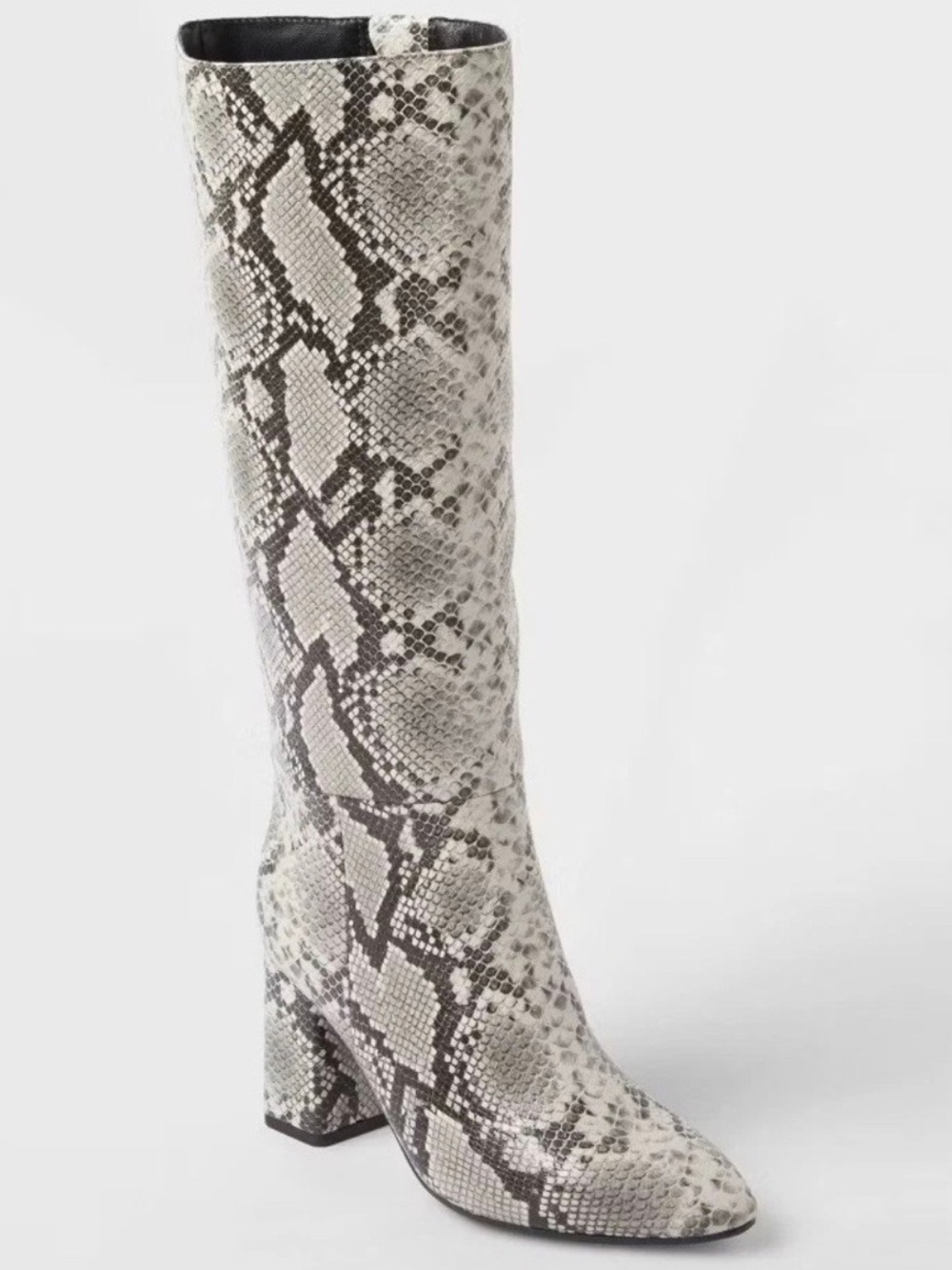 Sexy Snake-Print Knee-High Block Heel Boots - White/Gray/Black